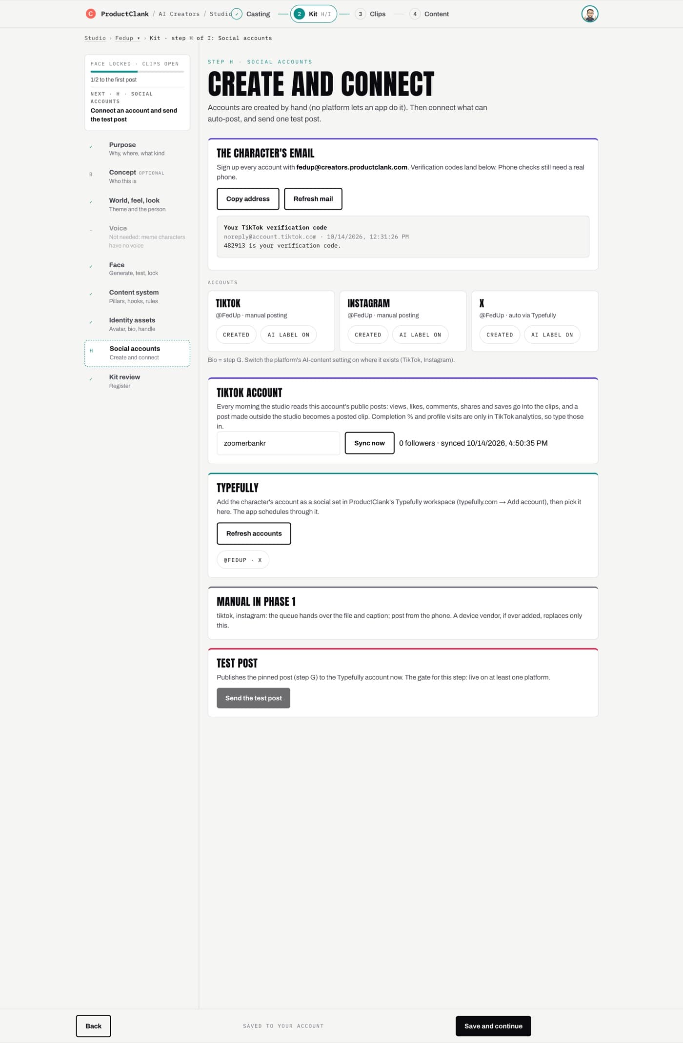 Studio Kit step H: the character's own email with a verification code, TikTok, Instagram and X accounts with the AI label on, TikTok account sync and Typefully.
