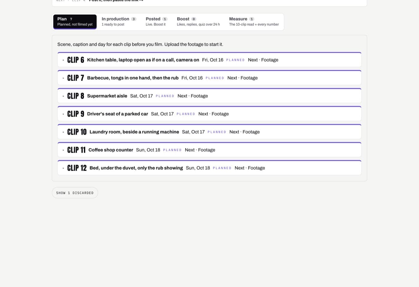 The studio Clips page: tabs for Plan, In production, Posted, Boost and Measure, and seven planned clips with a scene and a date.