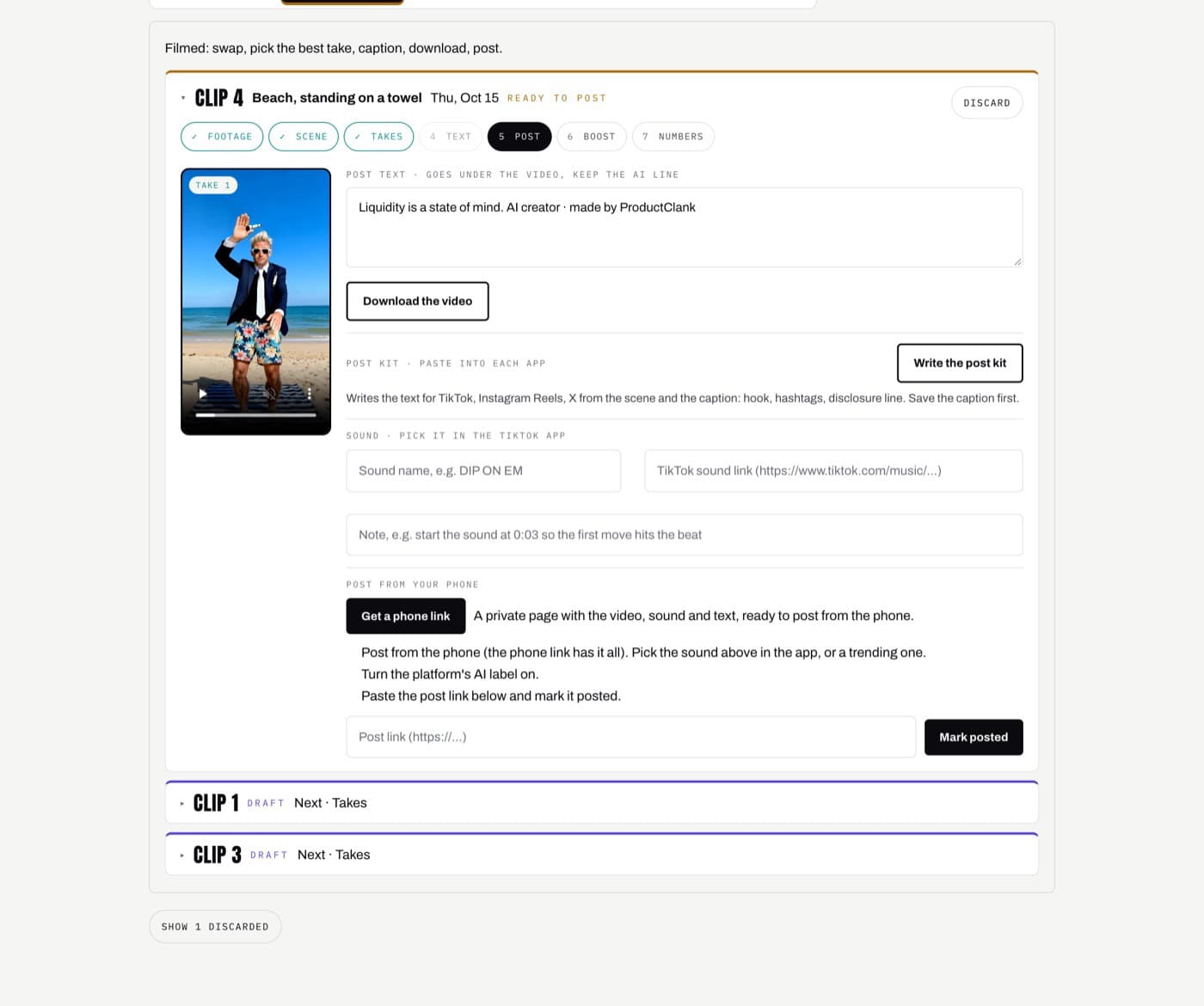 A ready clip at the Post step: the picked take, post text, Download the video, Write the post kit, the sound fields and Get a phone link.