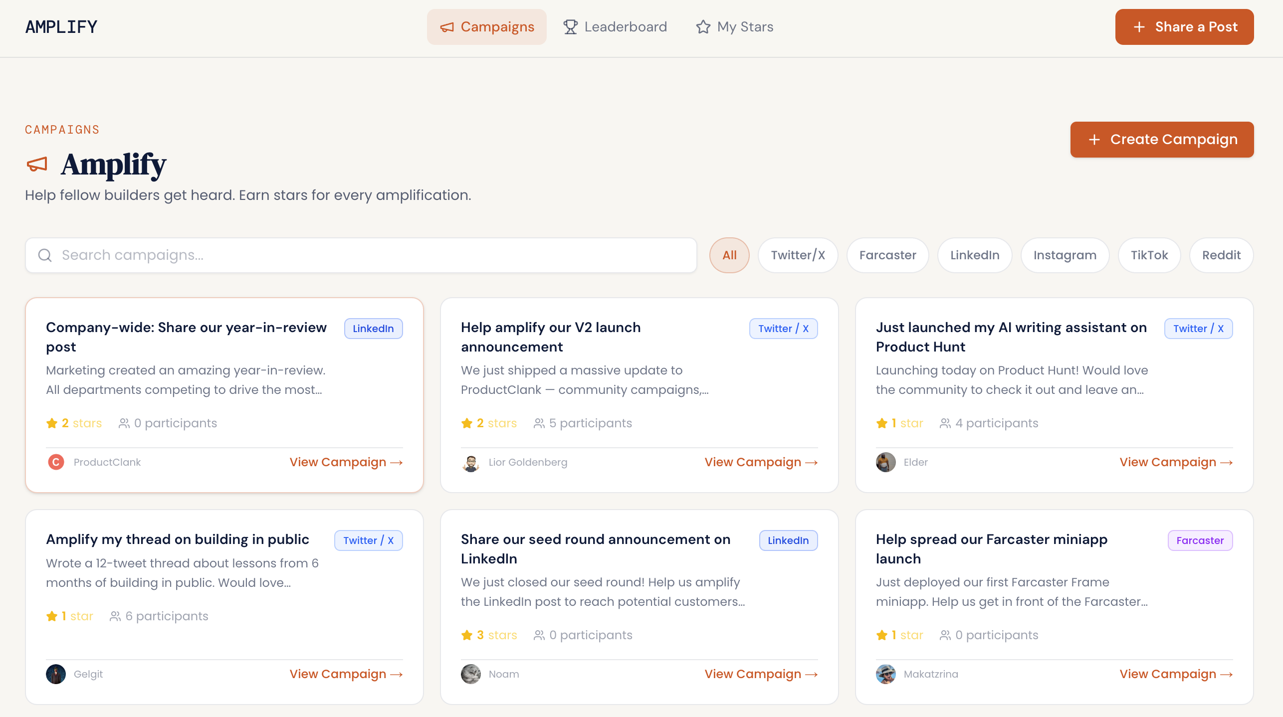 Amplify campaigns page showing active builder campaigns with platform badges, star rewards, and supporter counts
