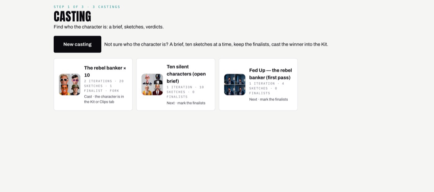 The ProductClank AI creator studio home: Casting, Kit, Clips and Content in the top bar, and three castings shown as cards with face thumbnails.