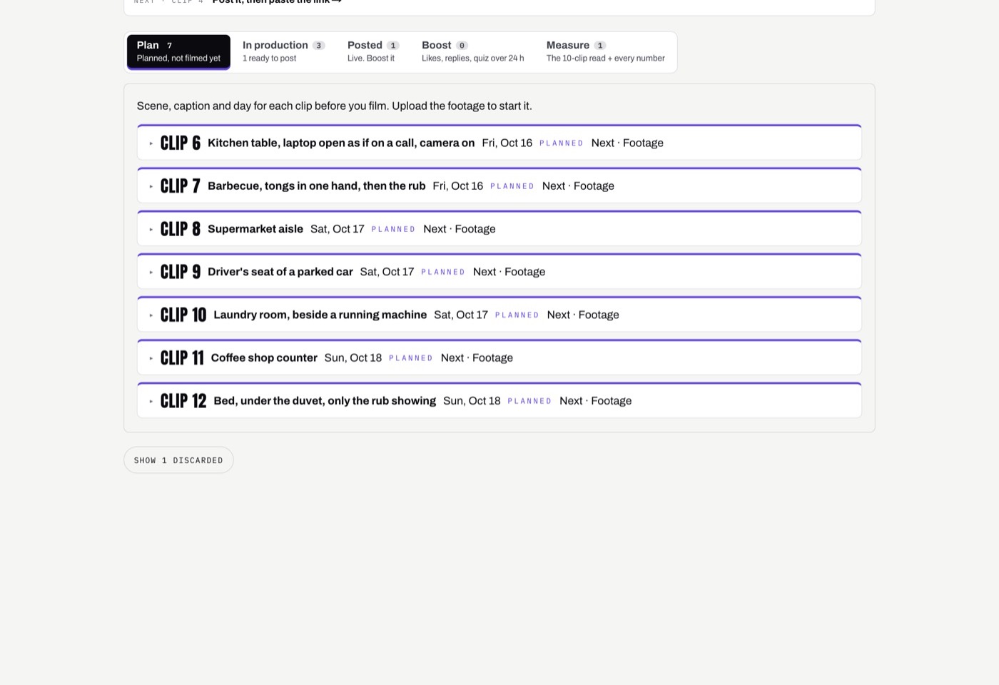 The studio Clips page with tabs for Plan, In production, Posted, Boost and Measure, and seven planned clips with a scene and a date.