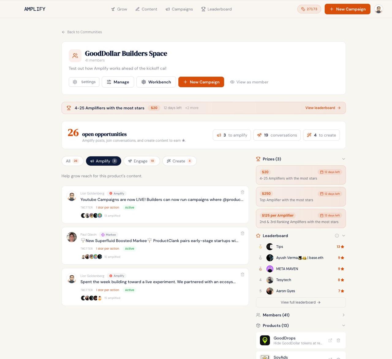The GoodDollar Builders Space on Amplify, showing 26 open opportunities split across amplify, engage, and create, alongside the live prize pool and creator leaderboard.