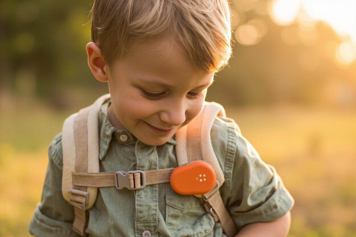 A boy outdoors with Pip clipped to his backpack strap, away from Wi-Fi