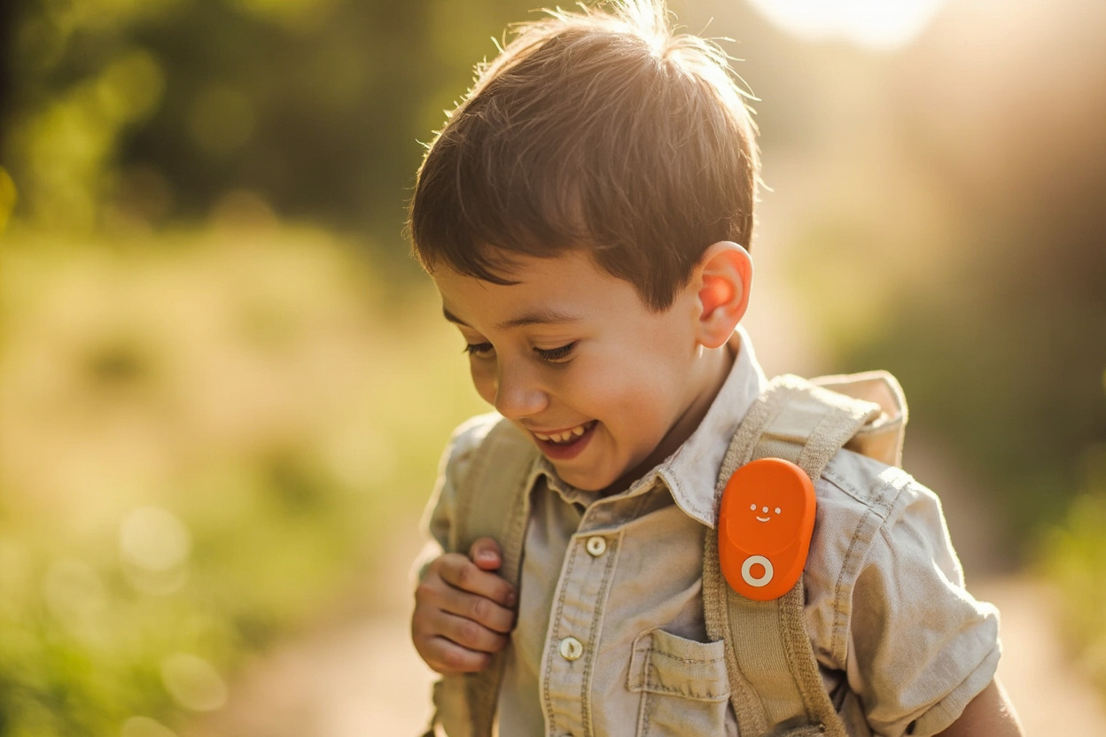 Pip clipped to a boy's backpack strap outdoors